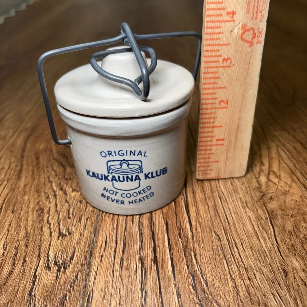 1950s Kaukauna Klub Stoneware Wisconsin Cheese Crock Wire Bail & Lid Vintage